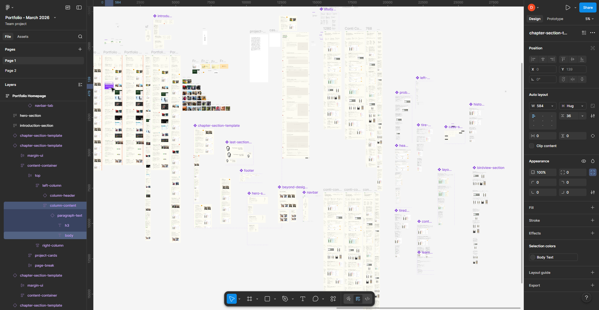 Figma canvas showing the full portfolio design with all component breakpoints laid out
