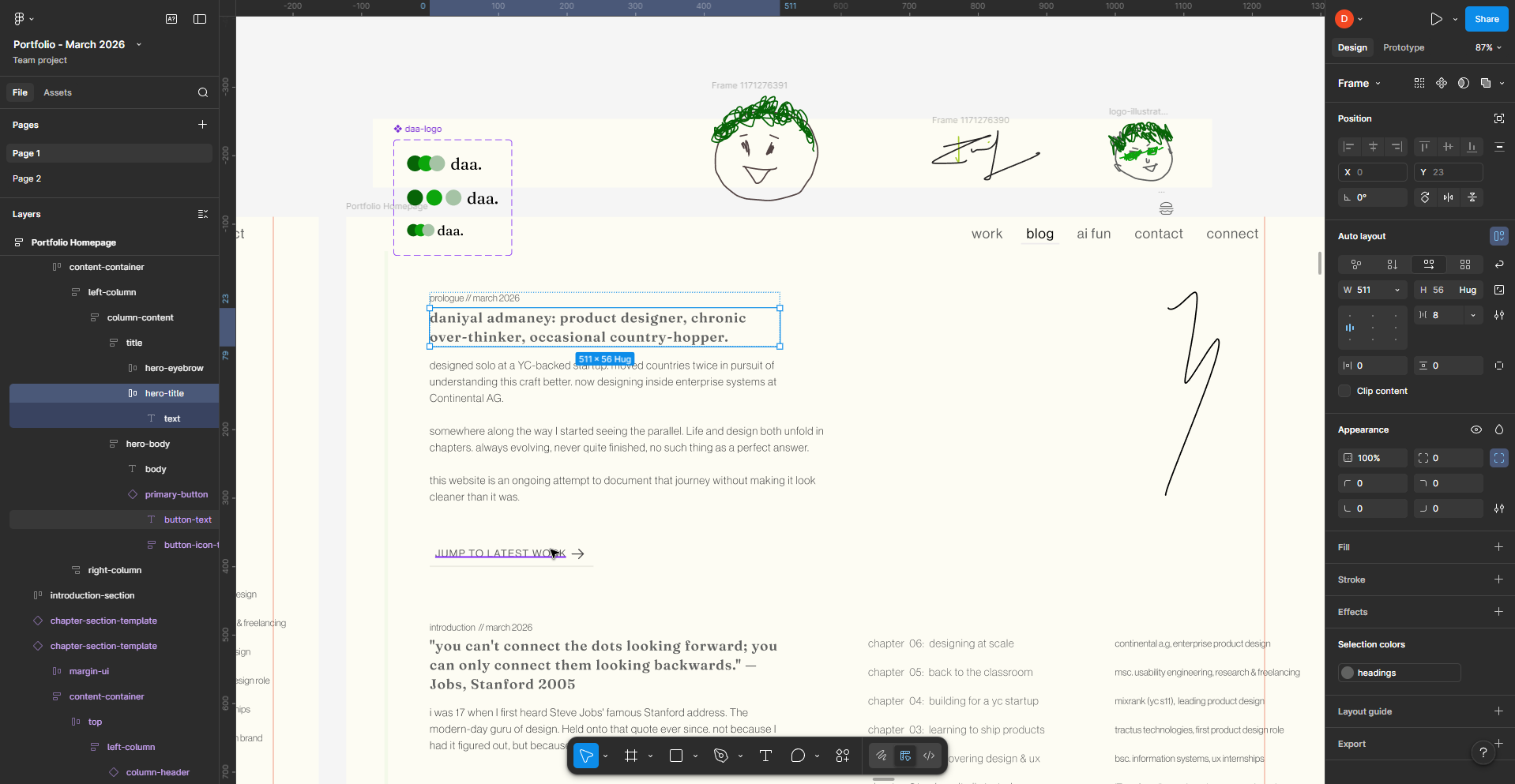 Figma canvas showing portfolio design components