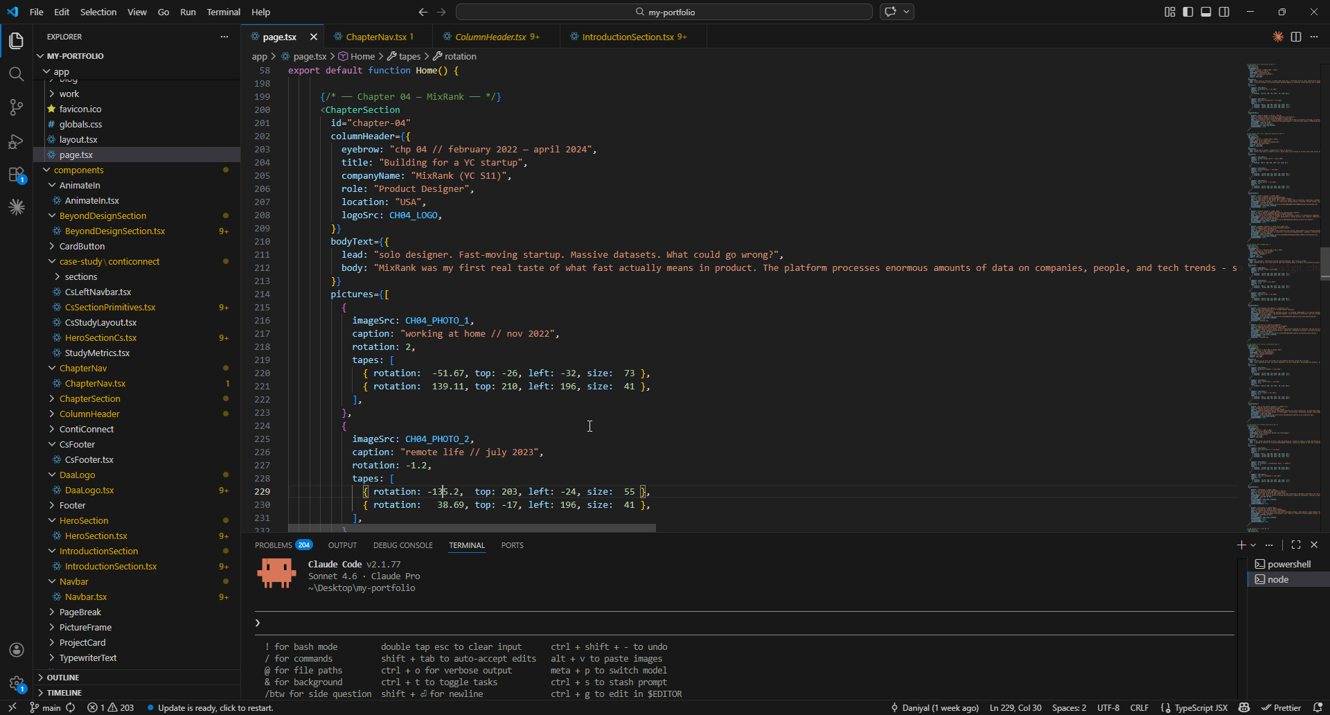 VS Code with the portfolio project open — file tree on the left, component on the right