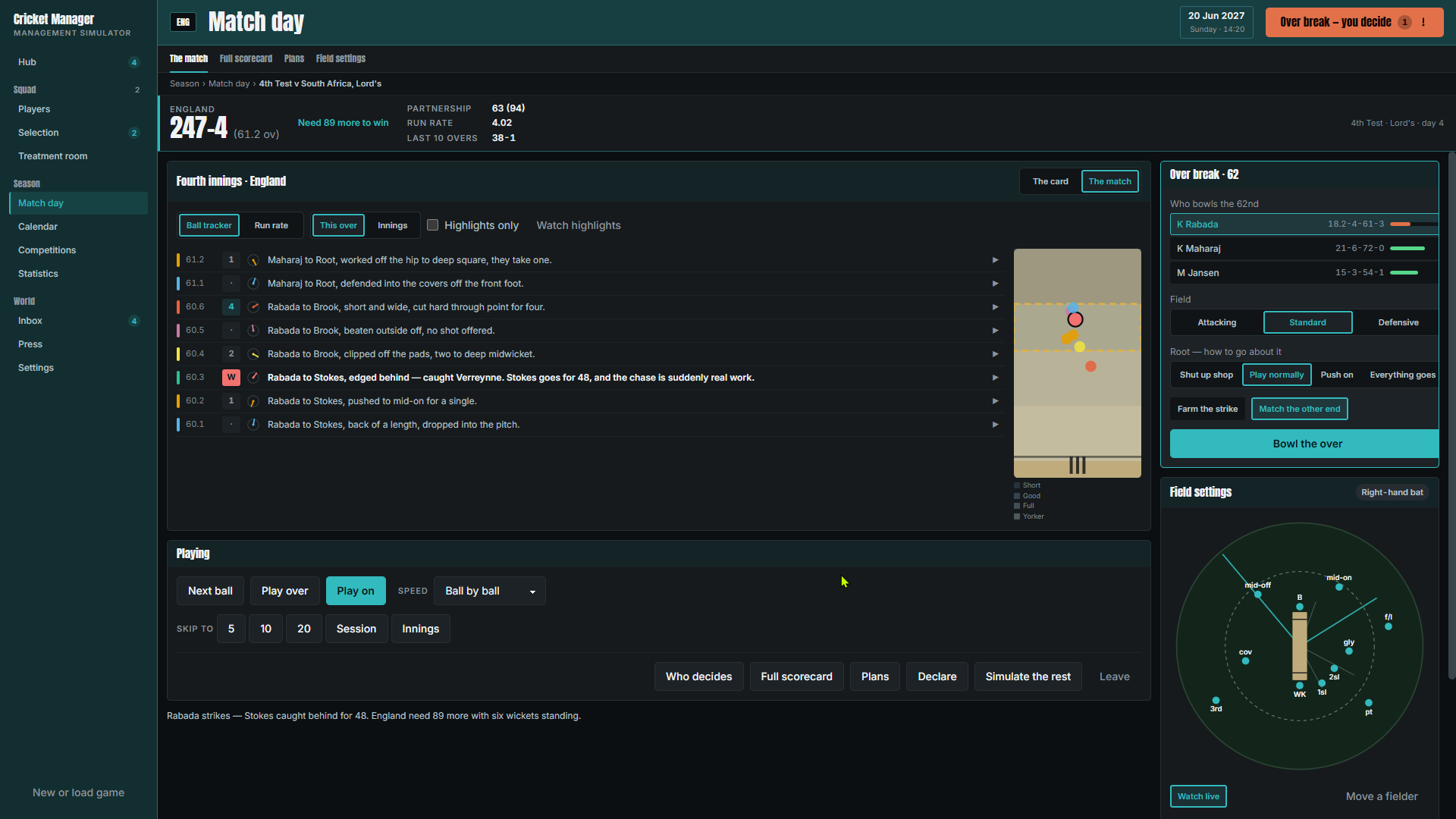 Redesigned match day with the over break panel and field settings