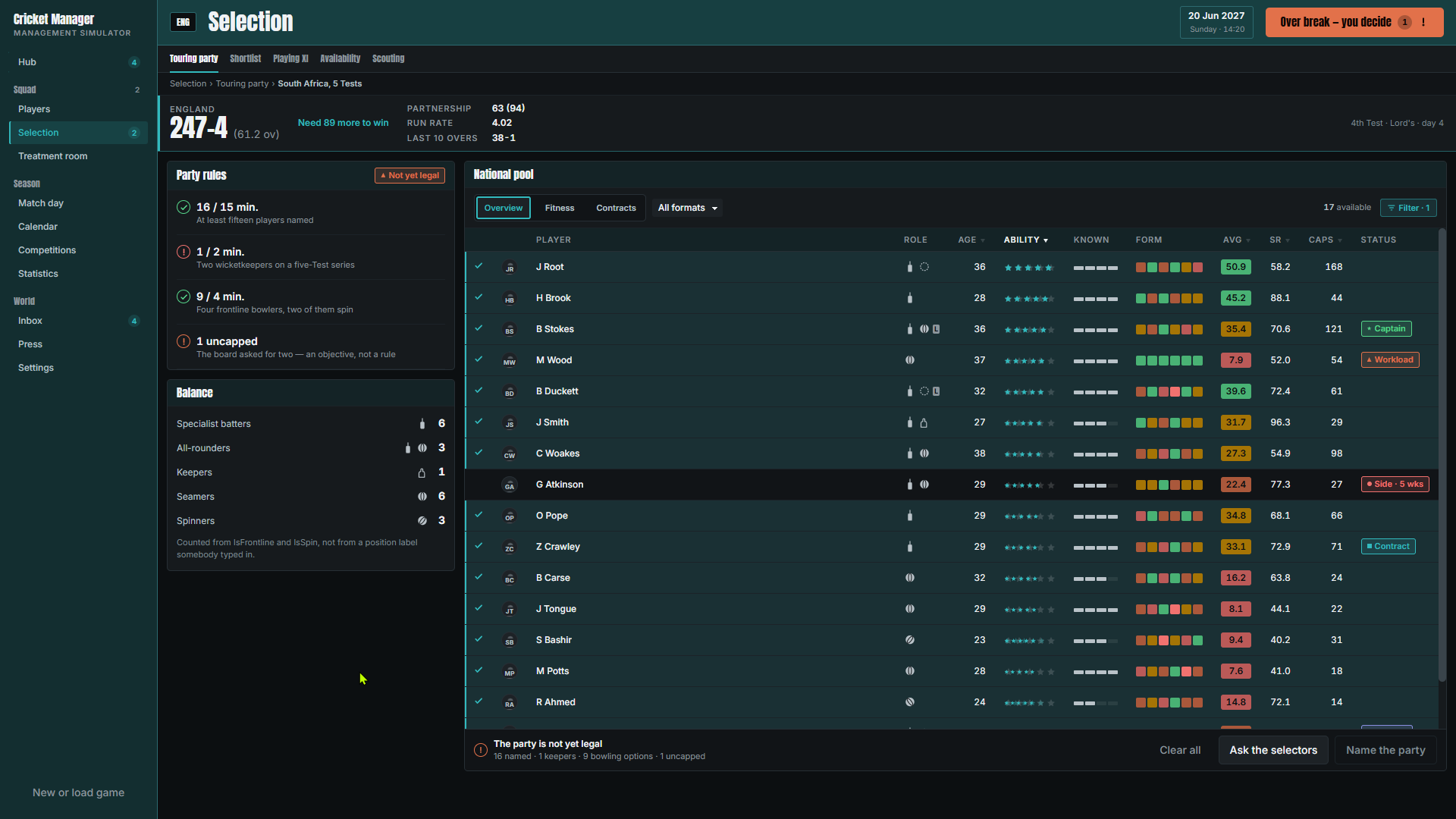 Selection screen with role marks, ability stars and form