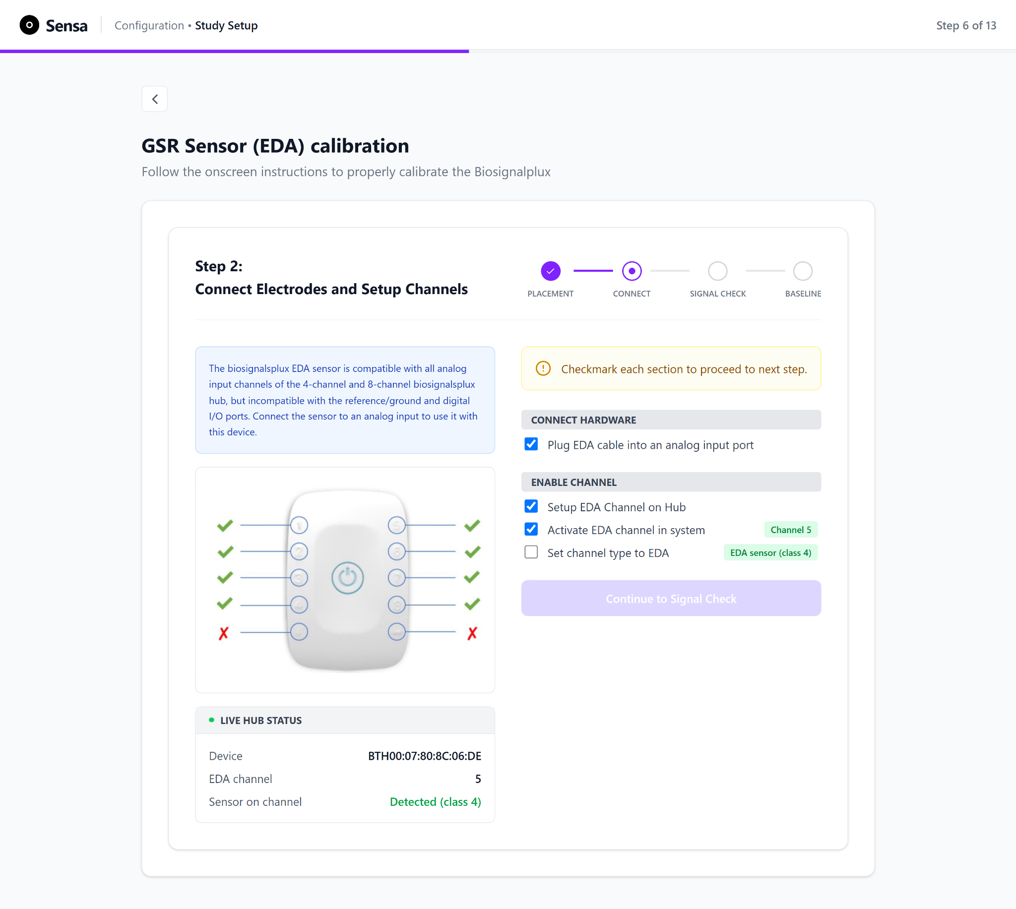 EDA connect step with hub diagram and live hub status