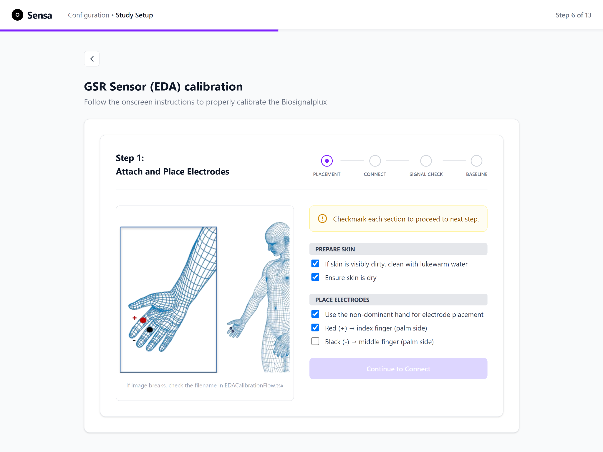 EDA placement step with an anatomical hand illustration and checklists