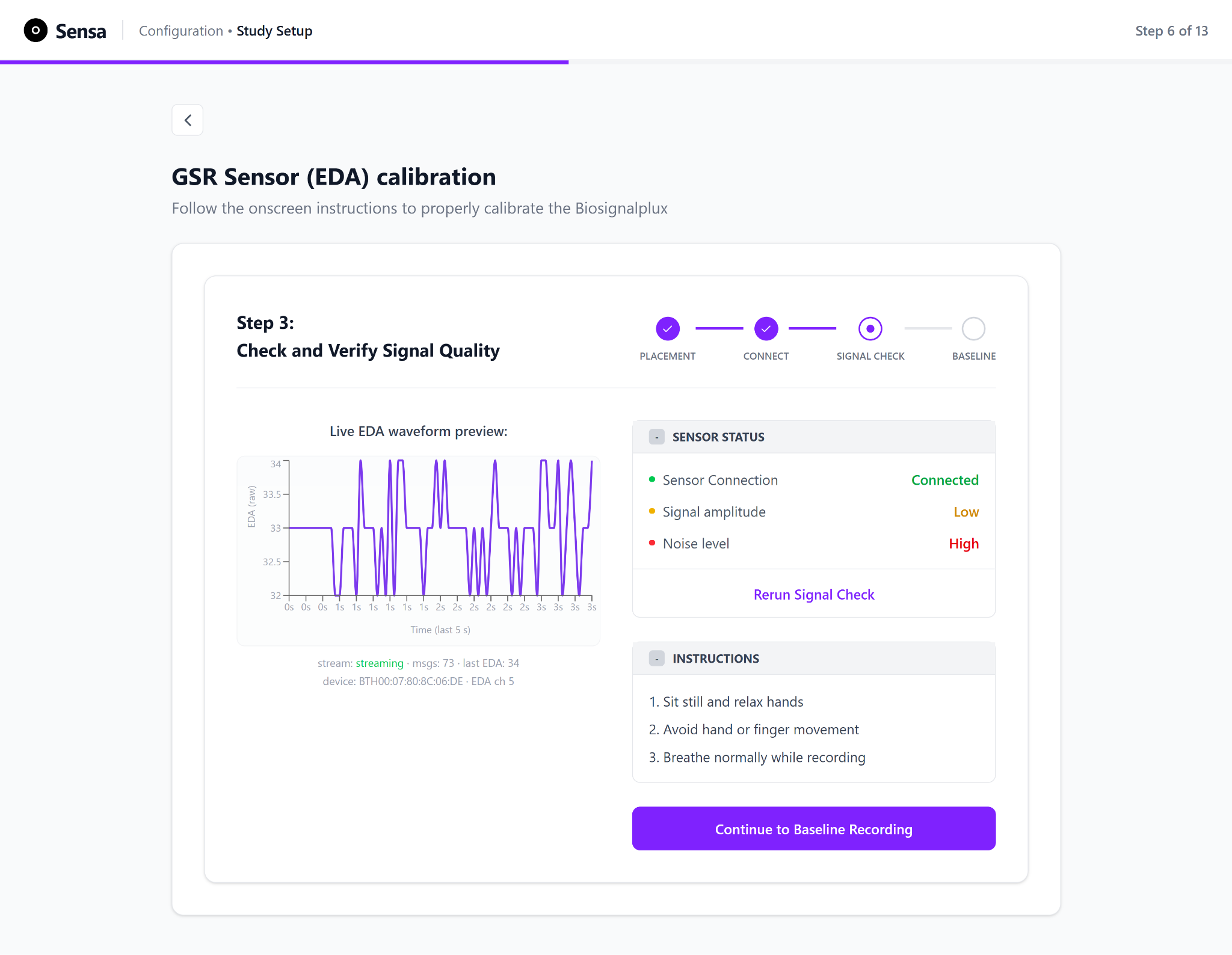 EDA signal check with live waveform and sensor status