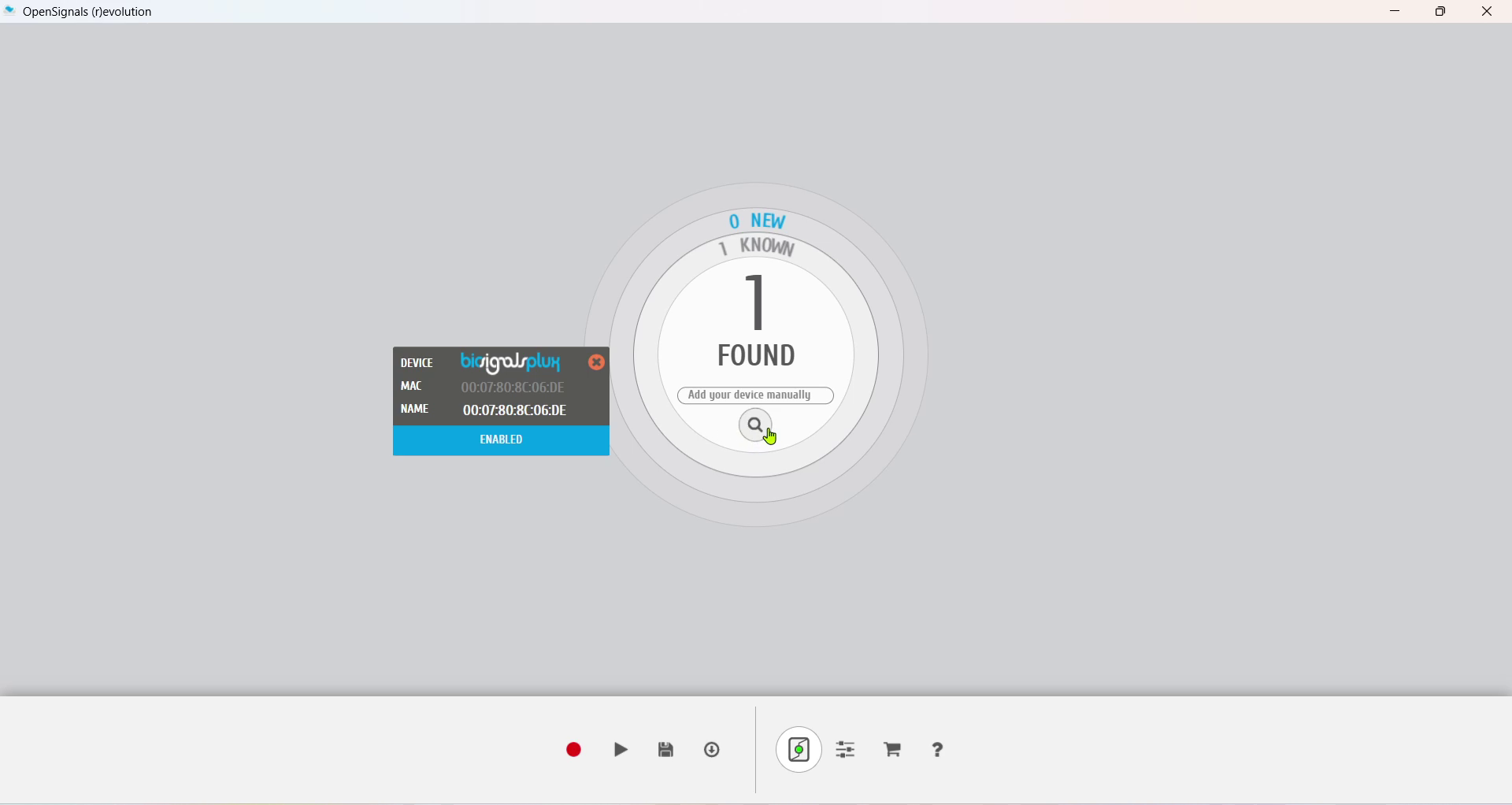 OpenSignals device connection screen