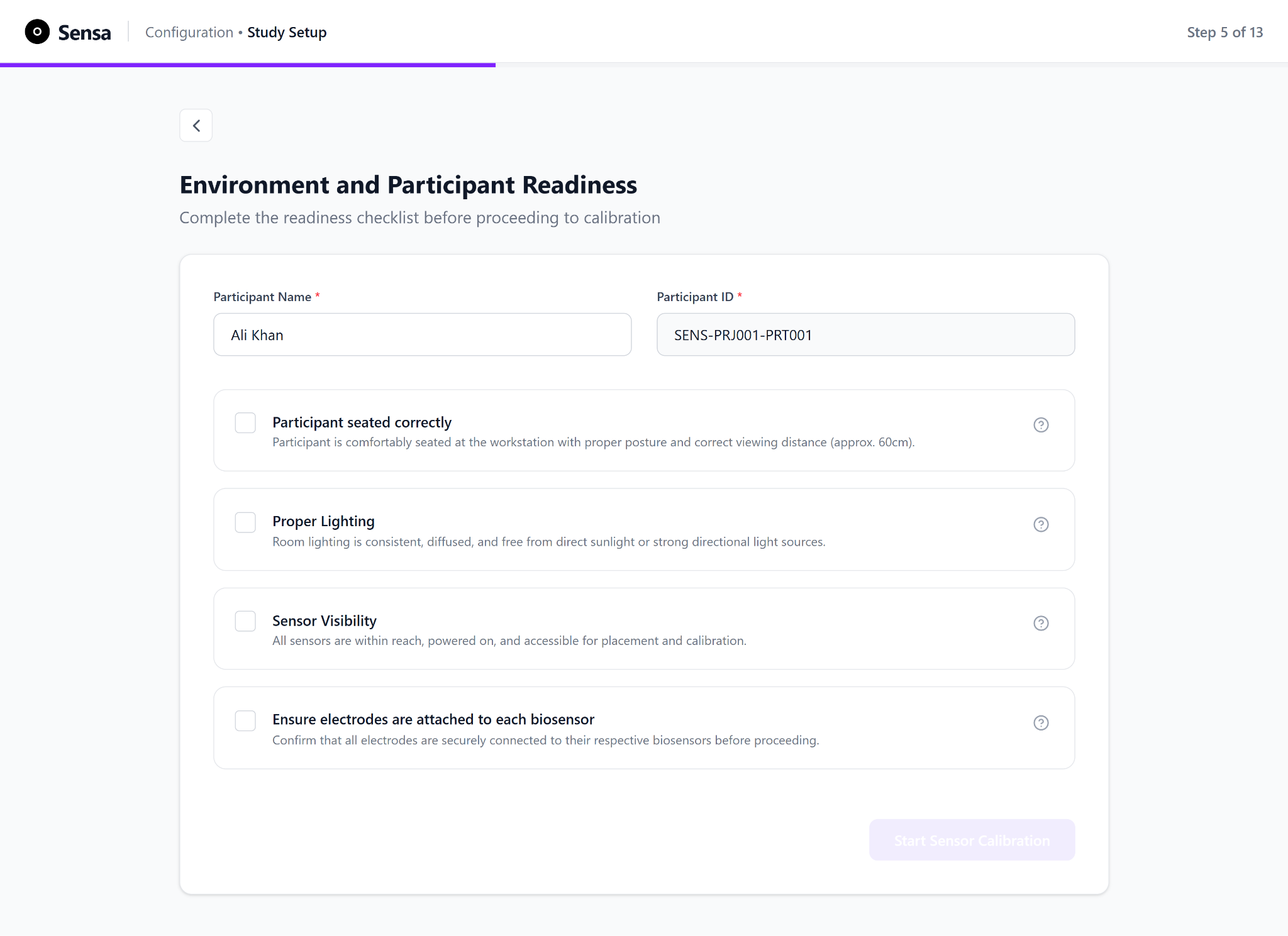 Readiness checklist with the start button disabled