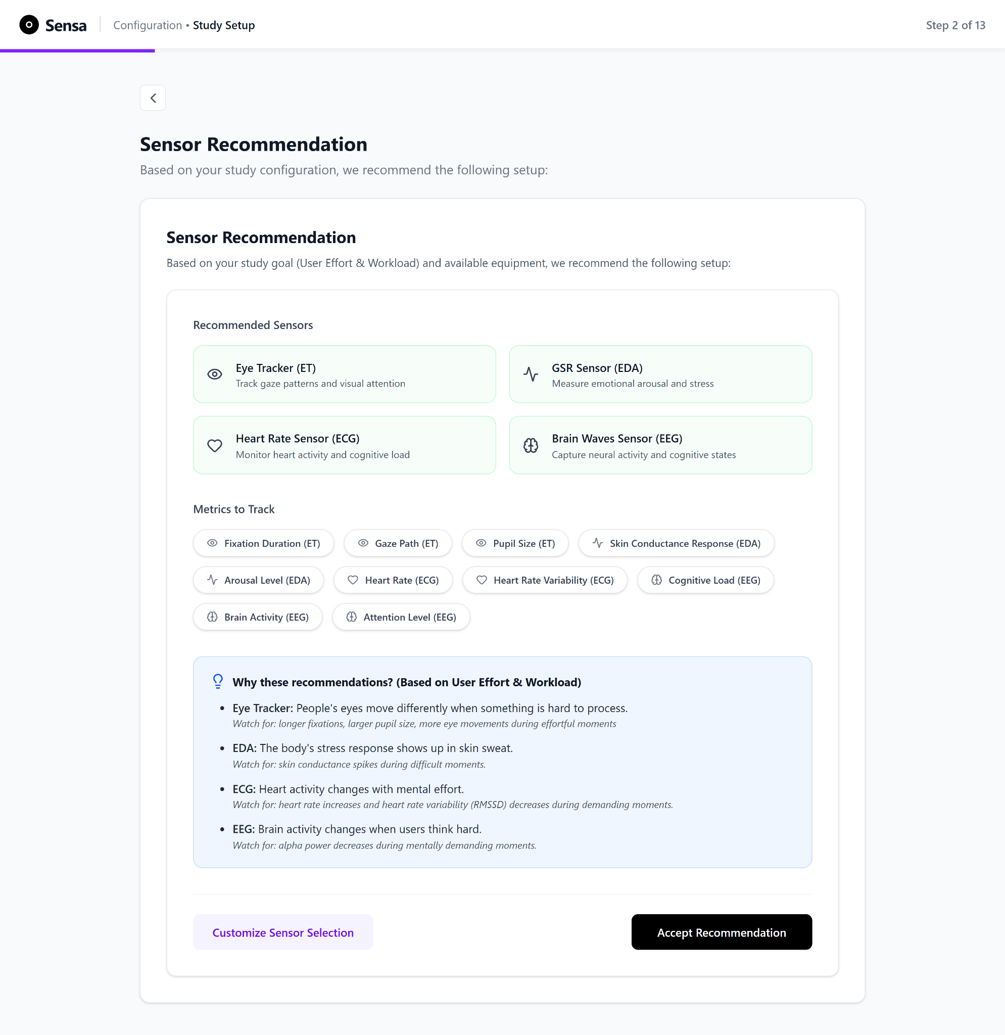 Recommended Sensors screen with metrics per sensor and an explanation