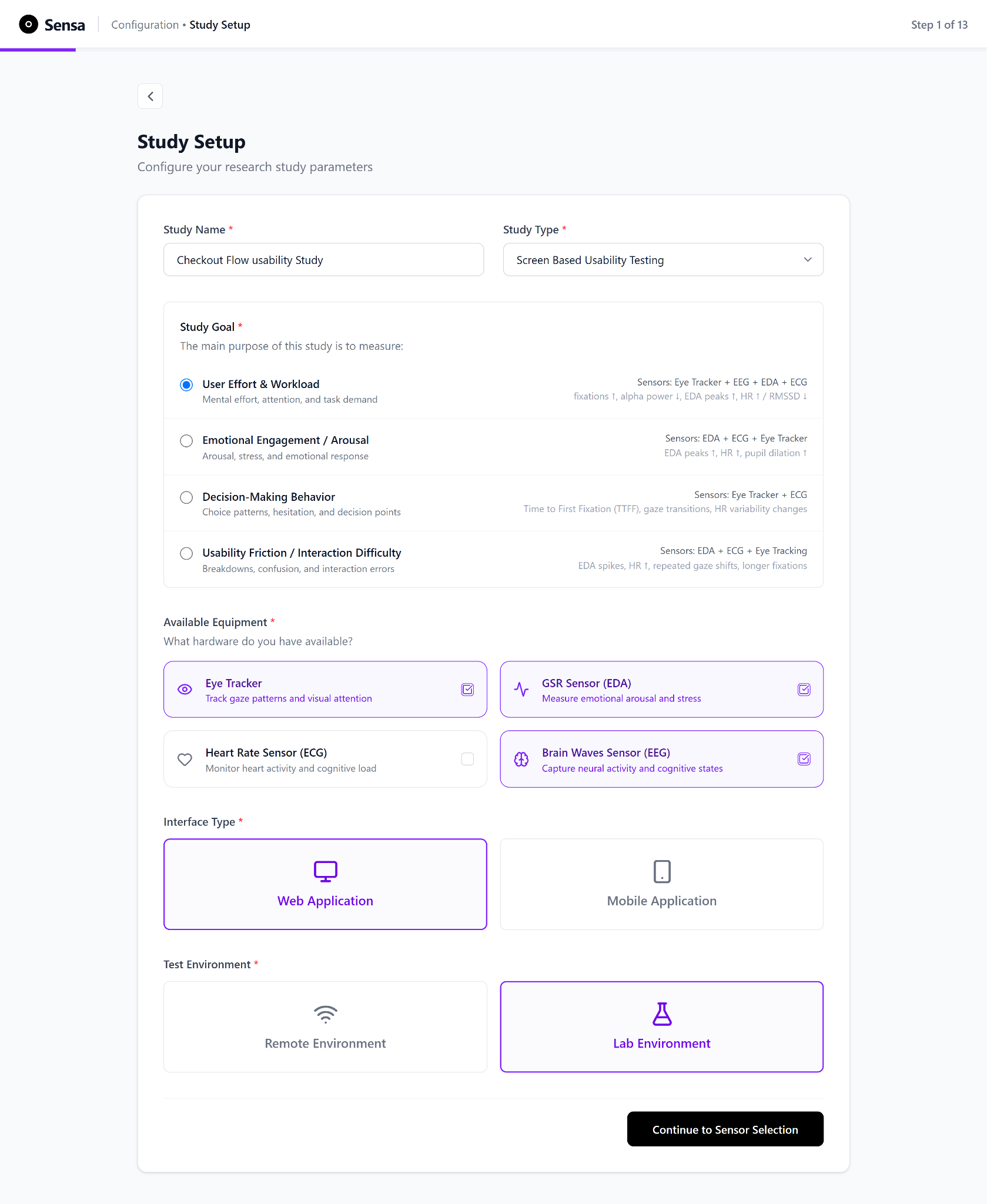 Study Setup screen with study goal, interface type, environment and hardware